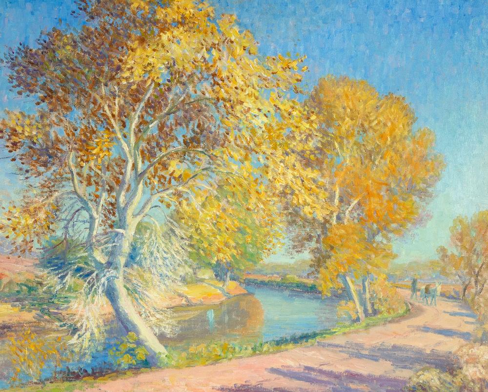 Appraisal: Albert Schmidt - Man and Donkey Strolling by Cottonwoods oil