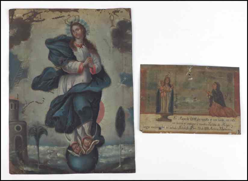 Appraisal: MEXICAN PAINTED TIN EX-VOTO Together with a Mexican painted tin