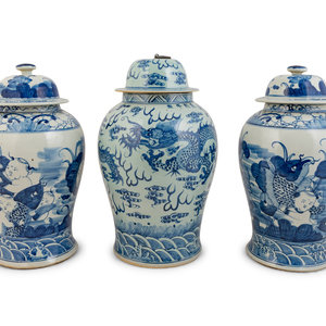 Appraisal: Three Chinese Blue and White Porcelain Baluster Lidded Jars TH