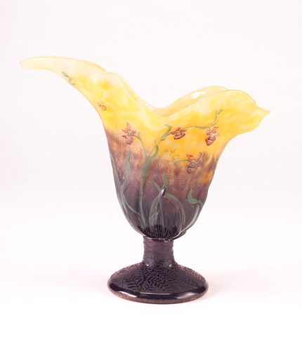 Appraisal: DAUM Etched and enameled glass footed coupe the upper section