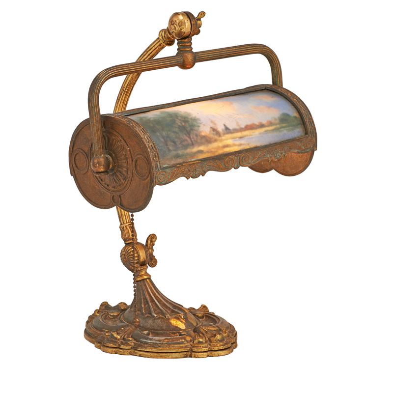 Appraisal: AMERICAN REVERSE PAINTED DESK LAMP Glass shade with scenic design