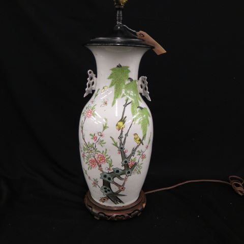 Appraisal: Chinese Porcelain Lamp handpainted birds butterflies flowers body