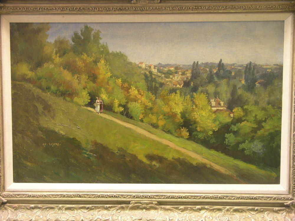 Appraisal: An oil on canvas - extensive landscape with figures walking