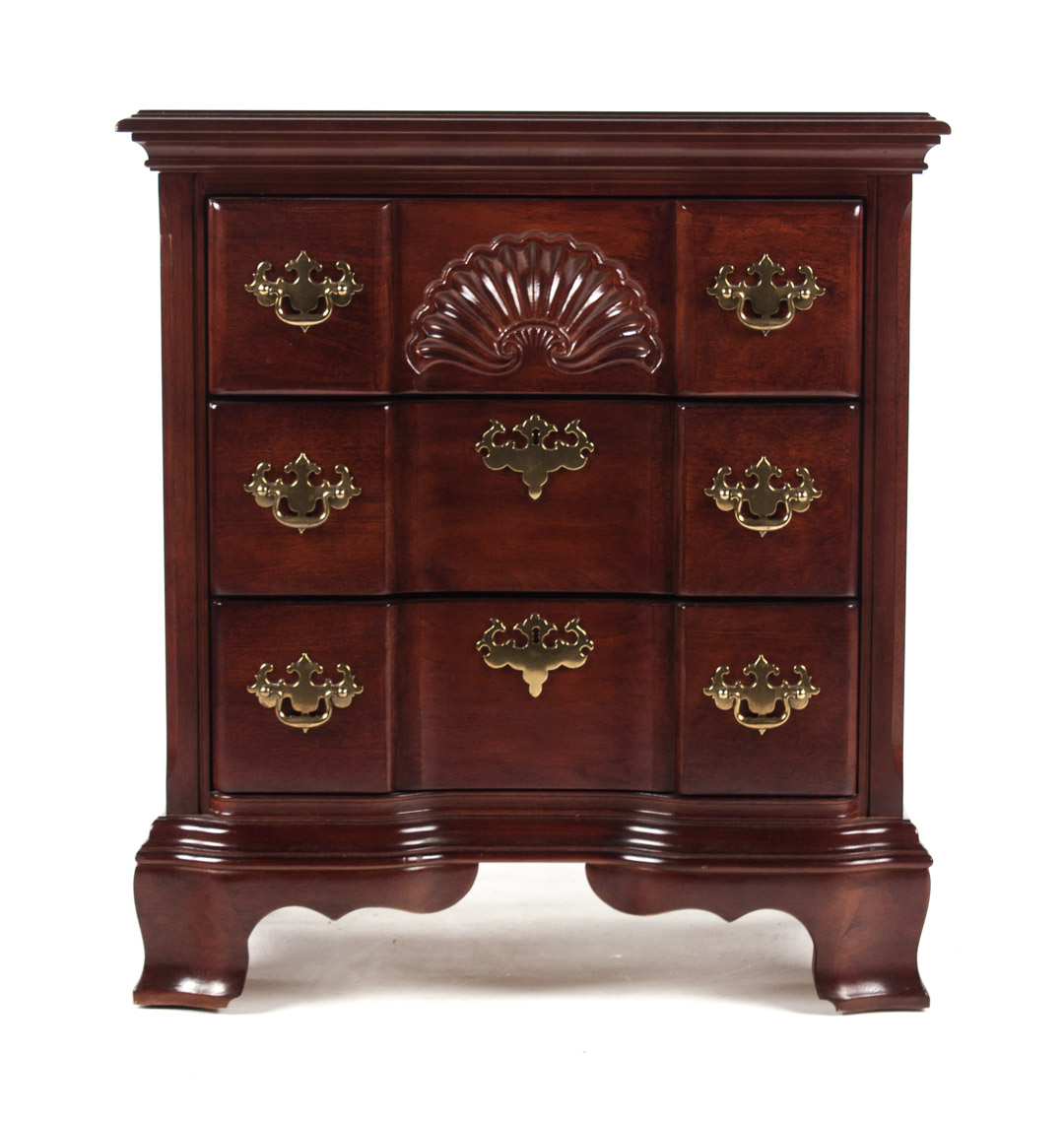 Appraisal: Chippendale style mahogany block-front chest three-drawer chest with carved shell