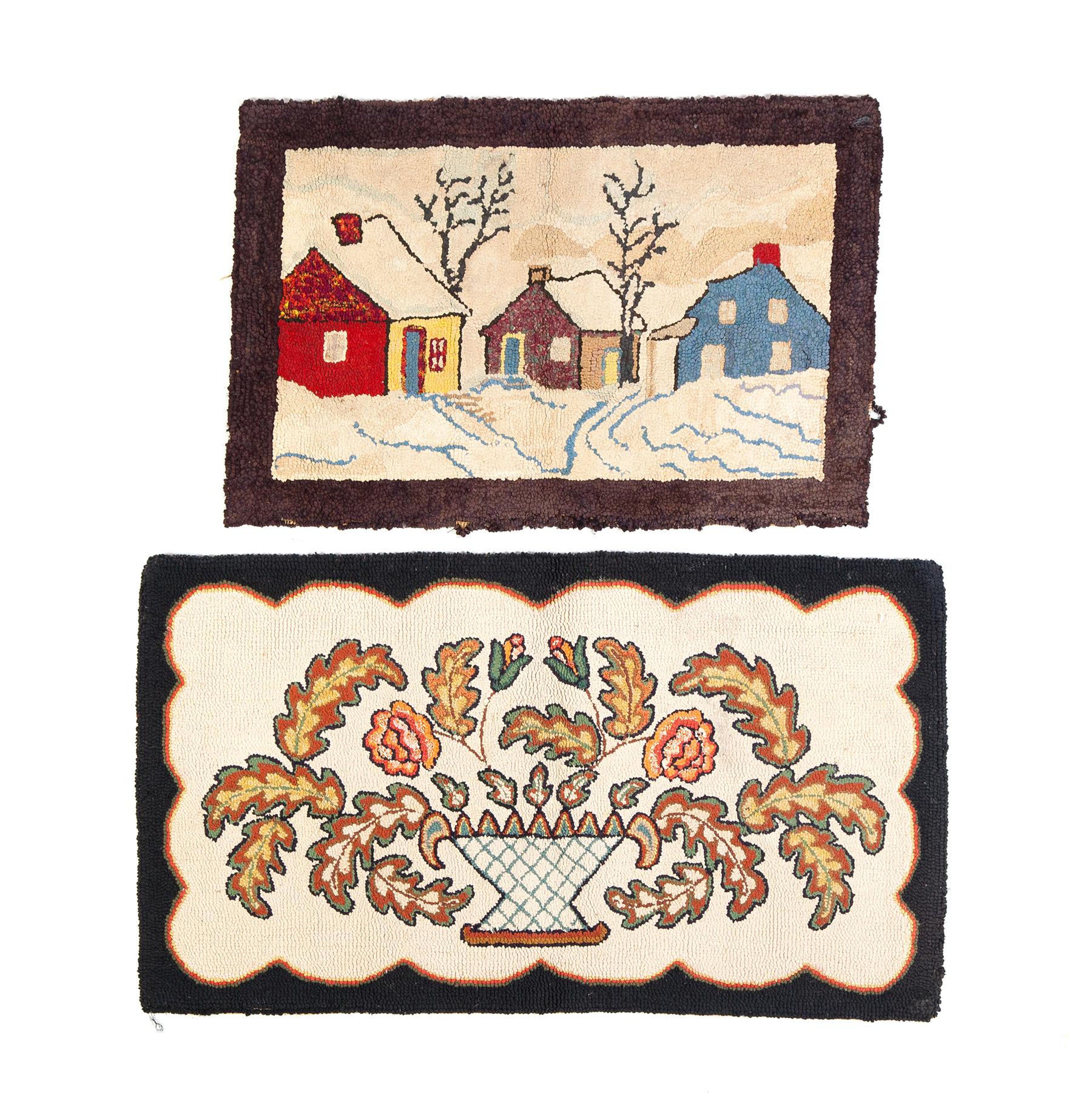 Appraisal: TWO AMERICAN HOOKED RUGS Early th century Three houses X