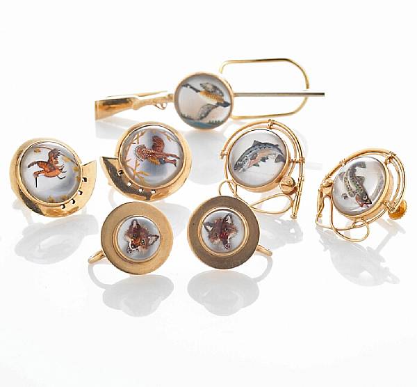 Appraisal: A collection of enamel and reverse crystal jewelry of hunting