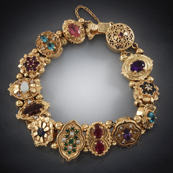 Appraisal: VICTORIAN STYLE GOLD AND GEMSTONE SLIDER BRACELET L Fancy gold