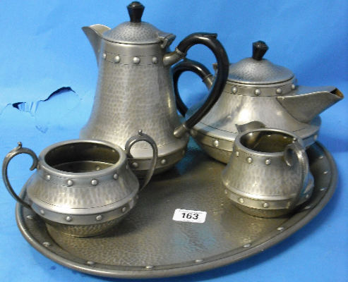 Appraisal: Sheffield Craftsman Beaten Pewter Teaset and Tray