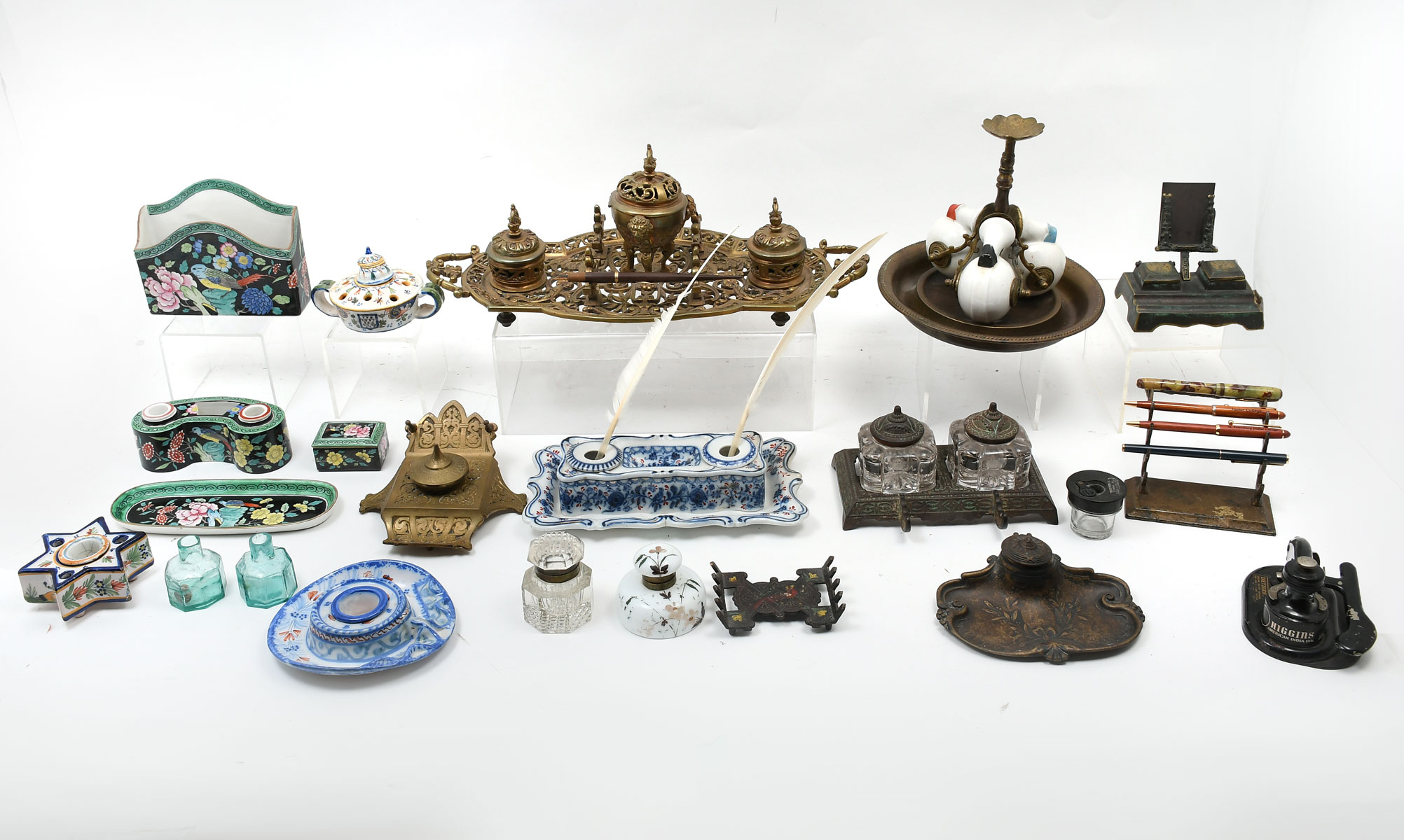 Appraisal: PC INKWELL DESK SET COLLECTION Including Judaic inkwell Triple inkwell