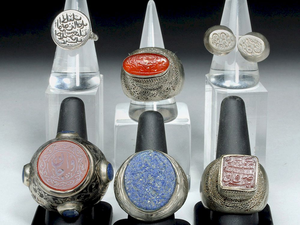 Appraisal: th C Turk Afghanistan Silver Glass Seal Rings Originally Listed