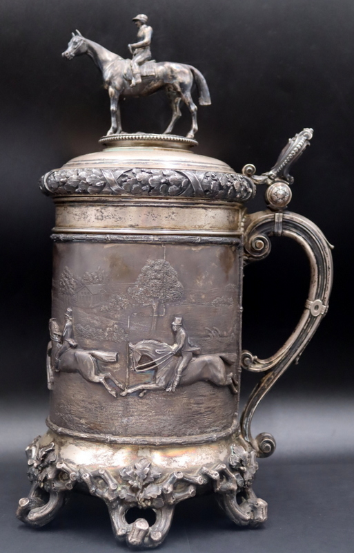 Appraisal: SILVER Large Continental Silver Horse Race Trophy Continental silver tankard