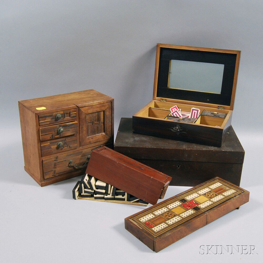 Appraisal: Five Wooden Boxes a rosewood box with polychrome game pieces