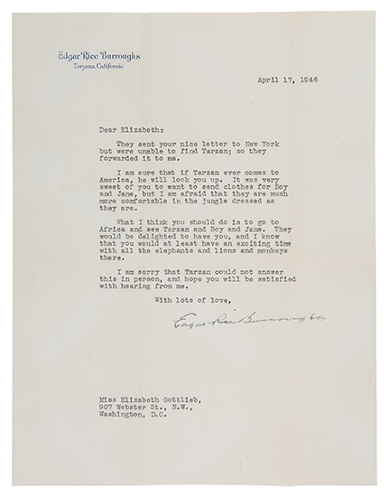 Appraisal: BURROUGHS EDGAR RICE Typed Letter Signed to Elizabeth Gottlieb responding