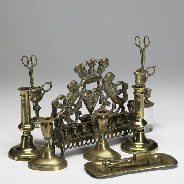 Appraisal: BRASS CANDLEHOLDERS ACCESSORIES Nine pieces include two pairs of candlesticks