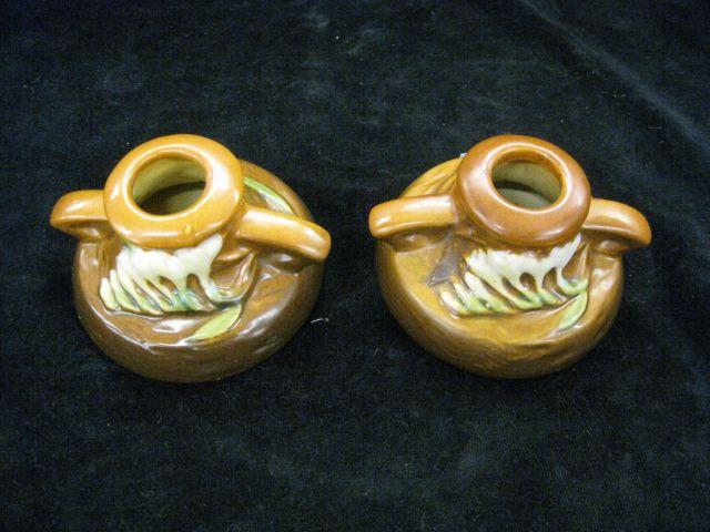 Appraisal: Roseville Art Pottery Candleholders Freesia brown - excellent