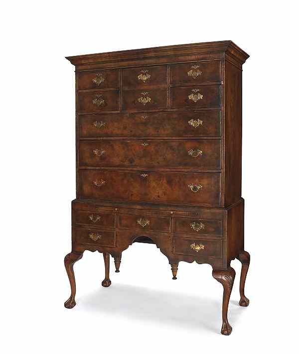 Appraisal: Georgian style walnut veneer highboy h w