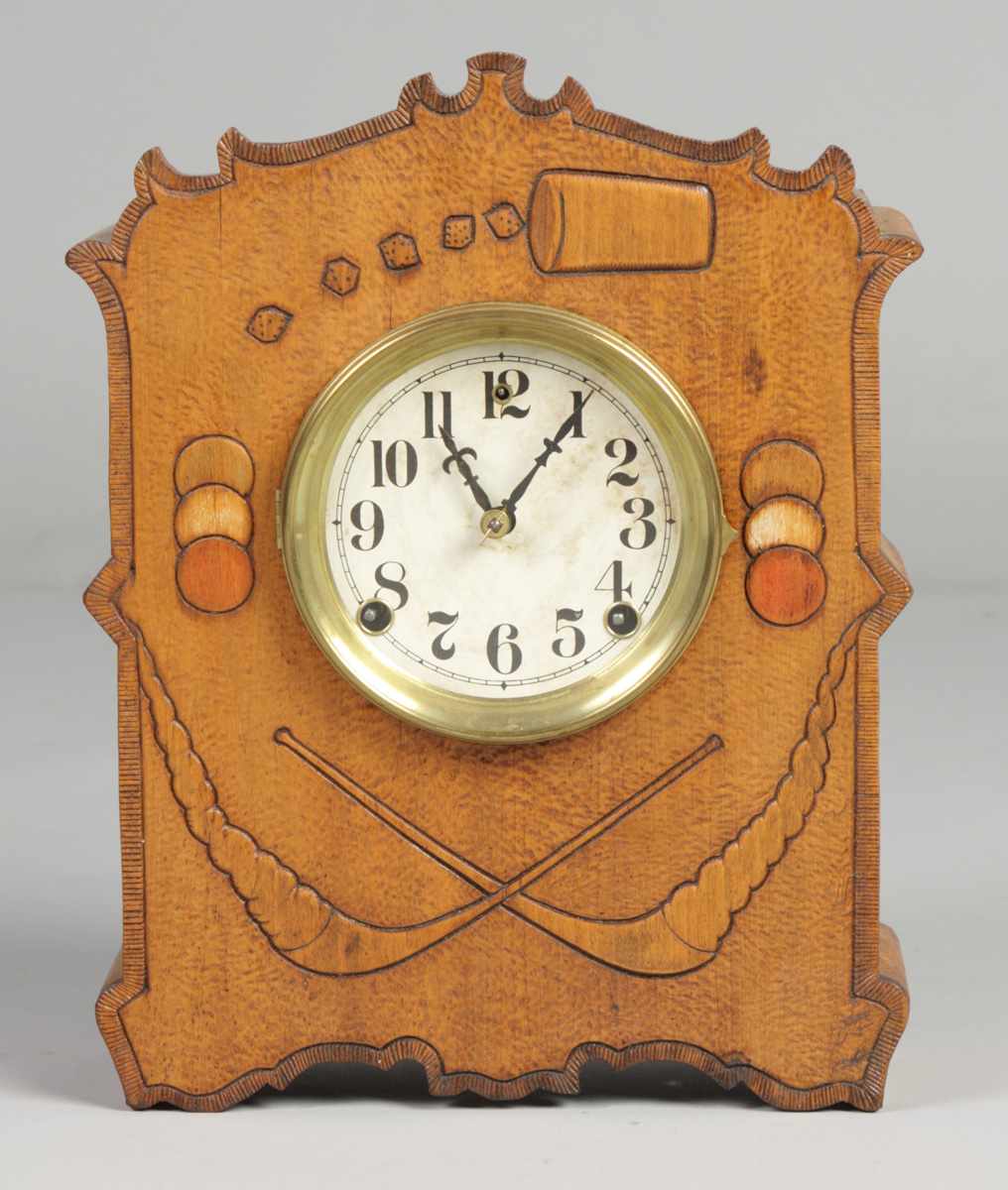 Appraisal: Gilbert Gambler Shelf Clock Maple case w pipes dice cards