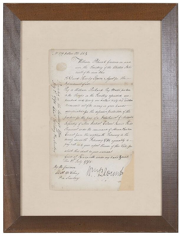 Appraisal: William Blount Signed Document lines manuscript dated July to U