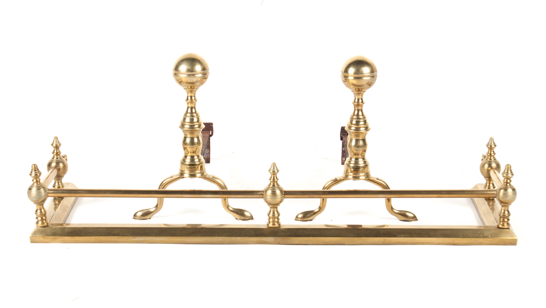 Appraisal: Pair of Federal brass andirons fire fender pair of Chippendale