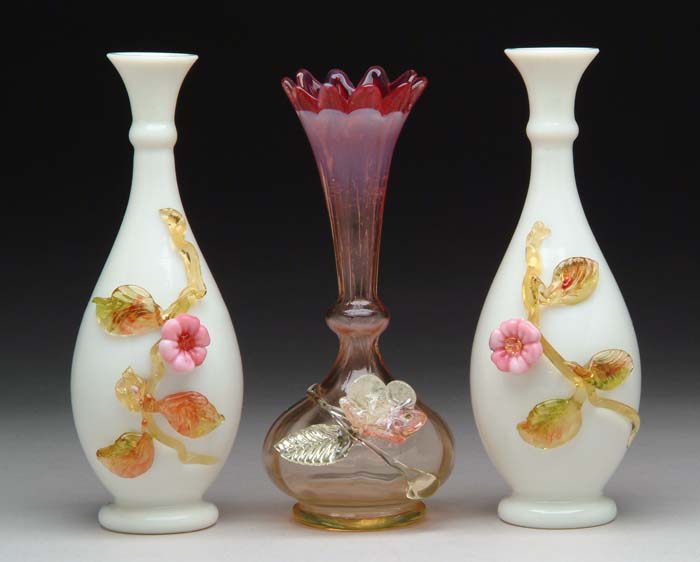 Appraisal: THREE VICTORIAN ART GLASS ITEMS Pair of milk glass vases