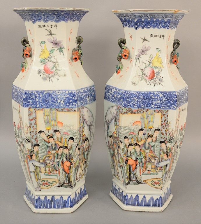 Appraisal: Pair of Chinese Famille Rose six sided vases having painted