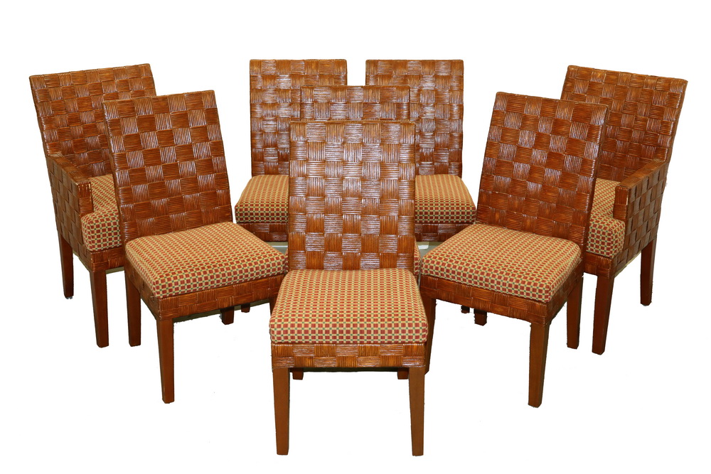 Appraisal: PALECEK RATTAN DINING CHAIRS Set of Designer Woven Rattan Dining