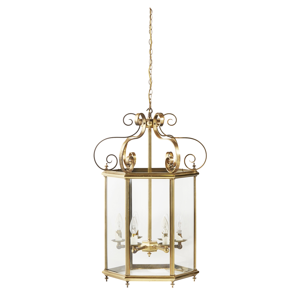 Appraisal: REGENCY STYLE BRASS HALL LANTERN MODERN the hexagonal brass frame