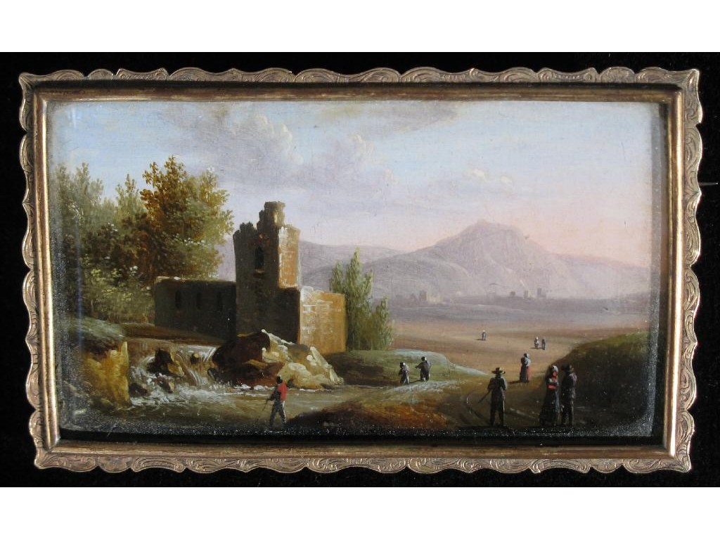 Appraisal: A RECTANGULAR CONTINENTAL PAINTED PLAQUE depicting a ruined castle and