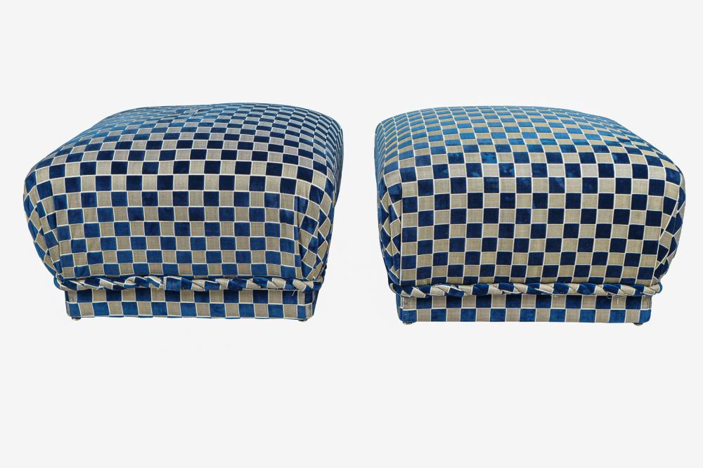 Appraisal: PAIR CONTEMPORARY UPHOLSTERED OTTOMANScovered in checkerboard pattern of blue velvet