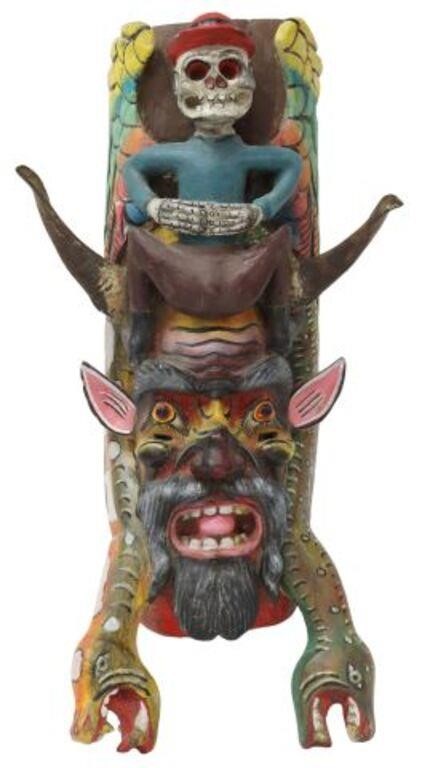 Appraisal: Large carved face mask sculpture Mexico polychrome painted depiction of