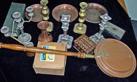 Appraisal: A quantity of sundries including cigarette boxes candlesticks a warming