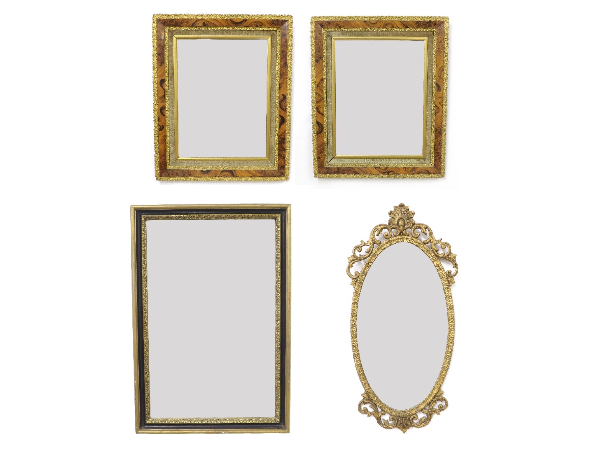 Appraisal: Pair of giltwood and burr walnut veneered wall mirrors of