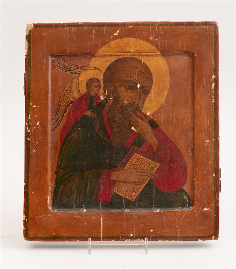 Appraisal: RUSSIAN SILVER ICON OF ST JOHN THE OLOGIAN IN SILENCE