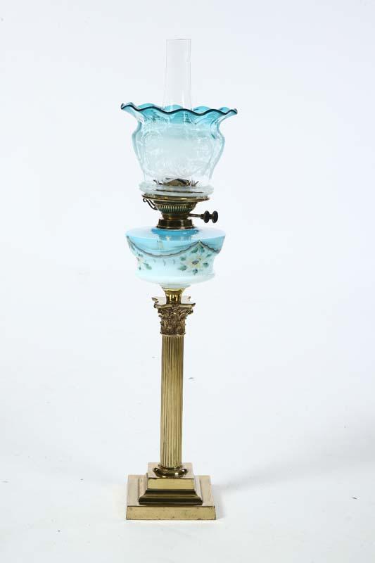 Appraisal: BANQUET LAMP Brass base with a handpainted font and an