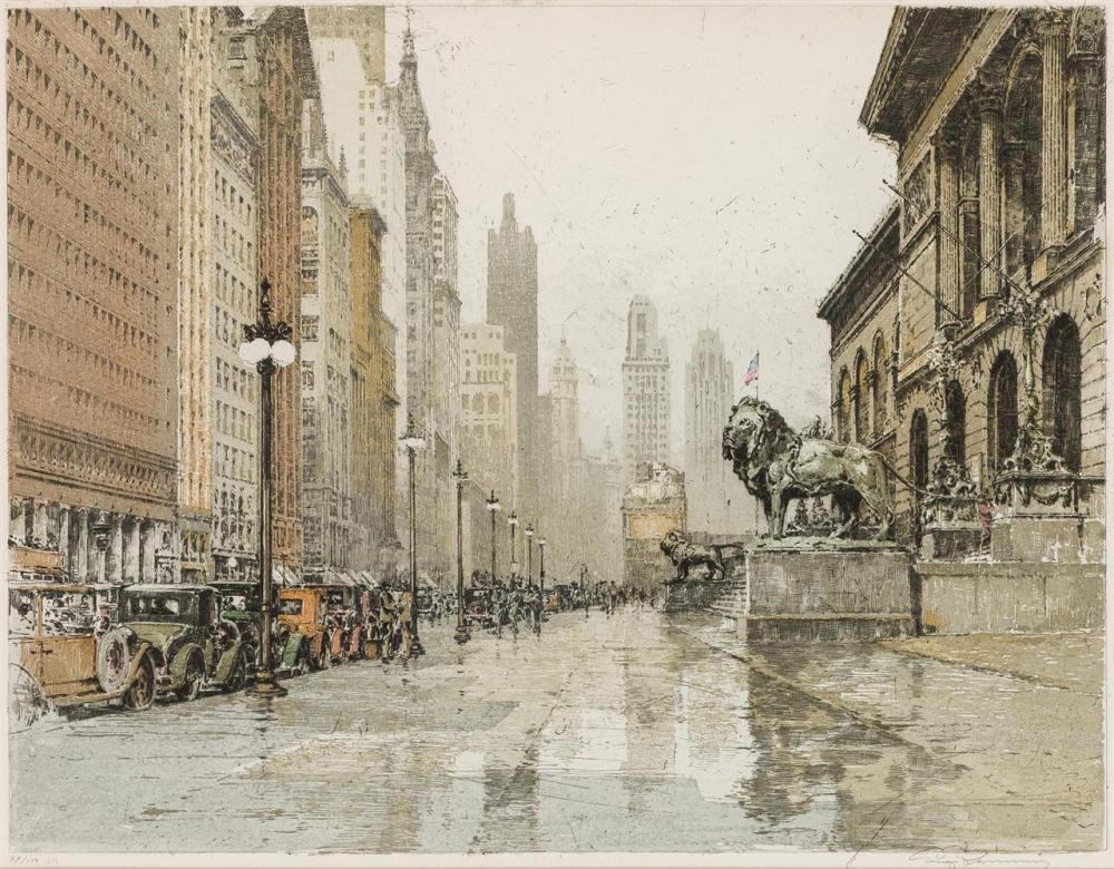 Appraisal: LUIGI KASIMIR Austrian - Chicago Michigan Boulevard etching signed and