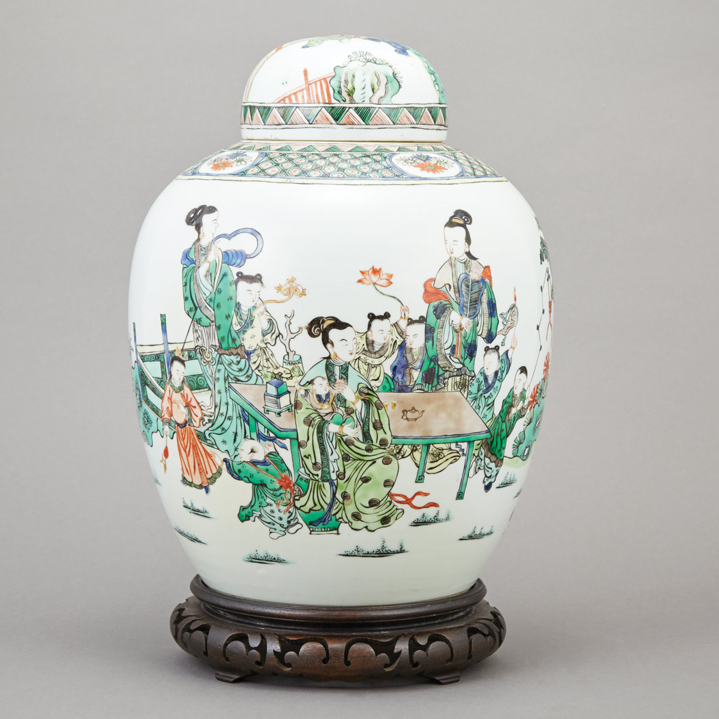 Appraisal: Chinese Famille Verte Glazed Porcelain Covered Ginger Jar Of ovoid