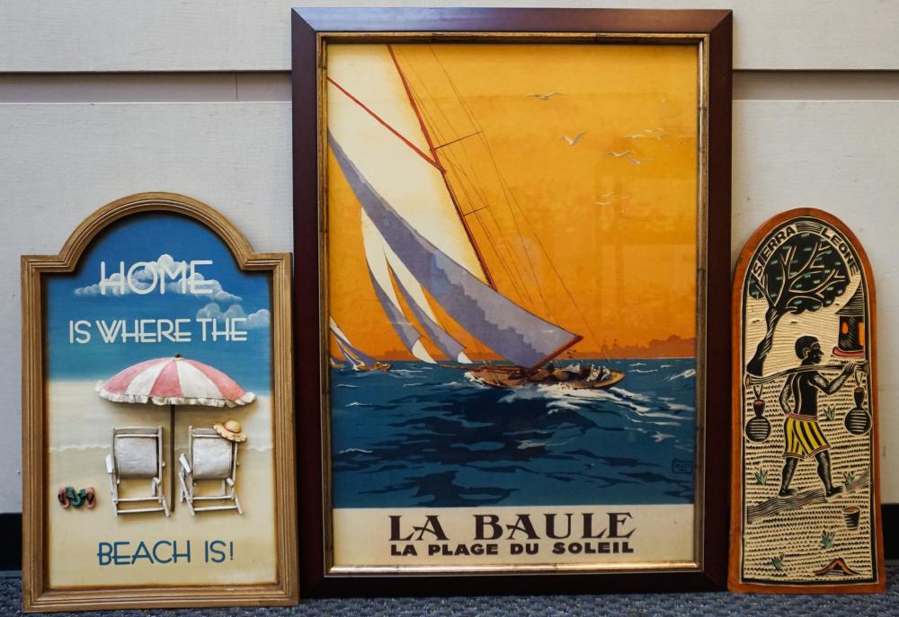 Appraisal: COLOR PRINT POSTER OF LA BAULE AND TWO CARVED PAINTED