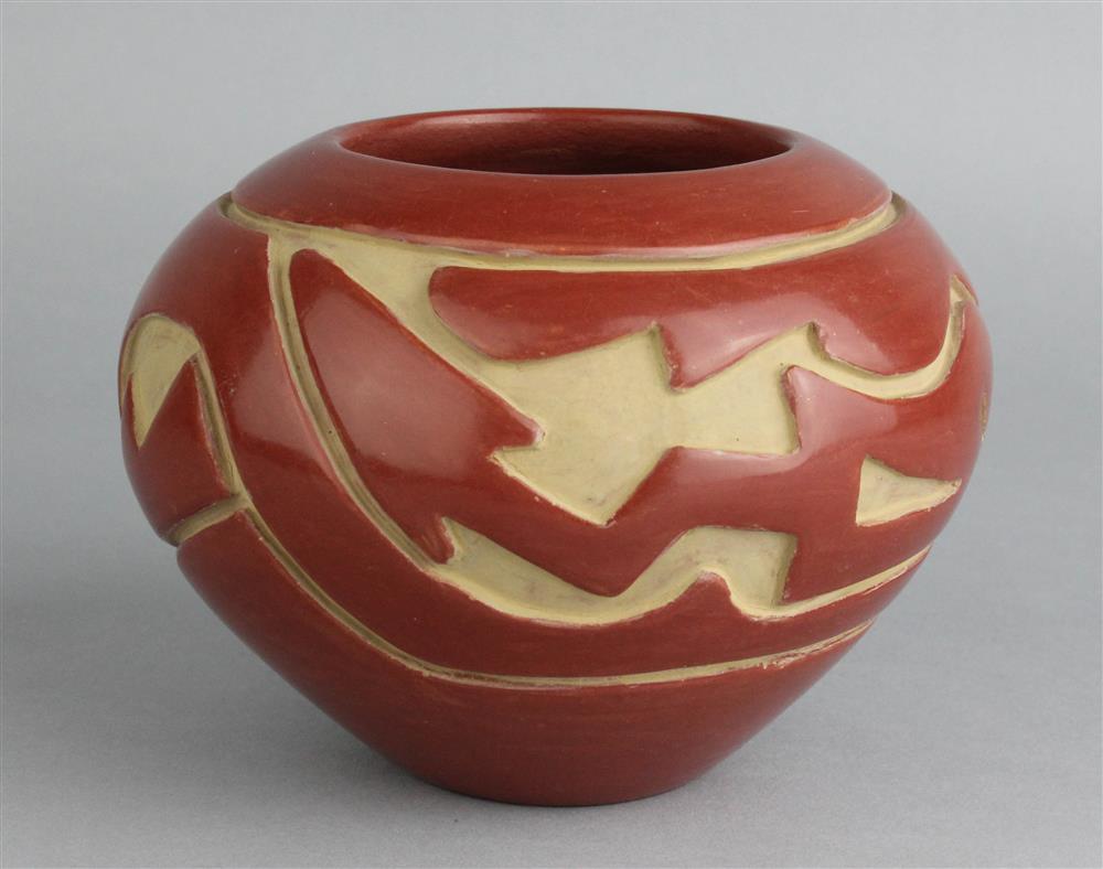 Appraisal: NATIVE AMERICAN CARVED REDWARE POTTERY BOWL SANTA CLARA PUEBLO SIGNED