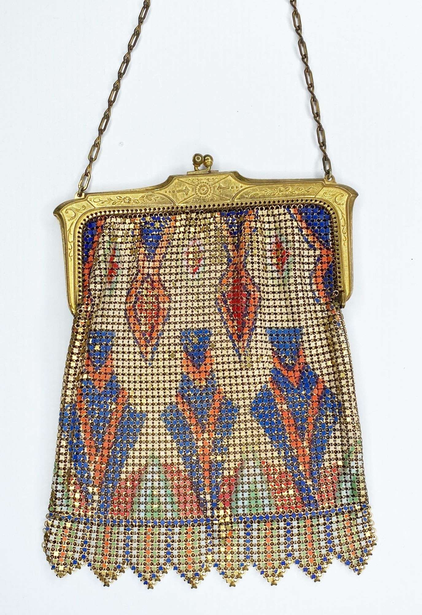 Appraisal: Art Deco Gold Tone Enameled Mesh Hand Bag long at