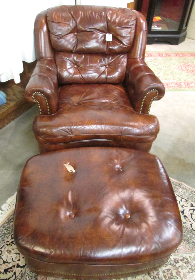 Appraisal: MODERN BROWN LEATHER EASY CHAIR WITH MATCHING OTTOMAN Schafer Bros