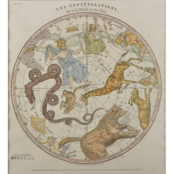 Appraisal: SIX CELESTIAL MAPS Hand-colored engravings on paper published by Huntington