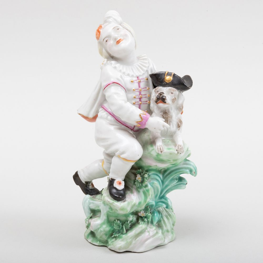 Appraisal: English Porcelain Figure of an Actor with Dog Probably Bow