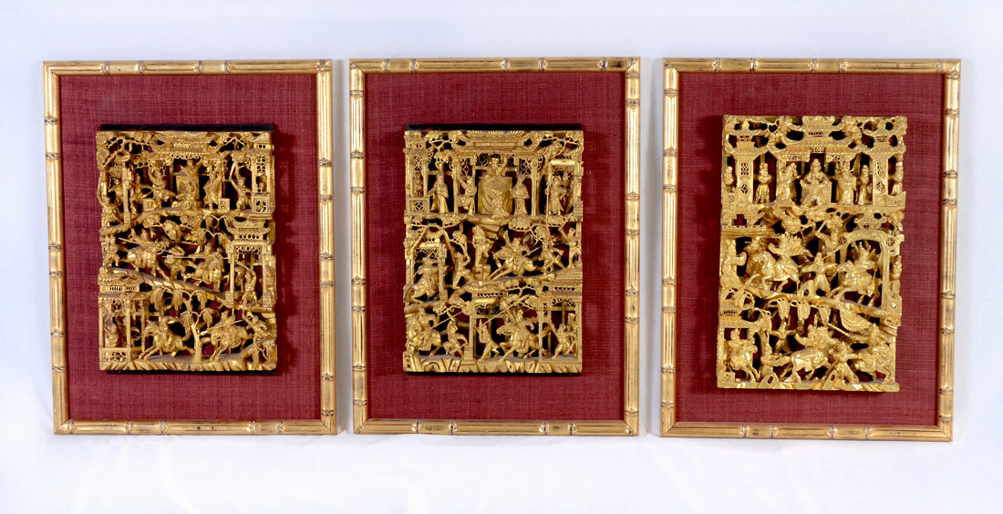 Appraisal: PIECE CHINESE CARVED GILT WOOD PANELS pierced carved panels each