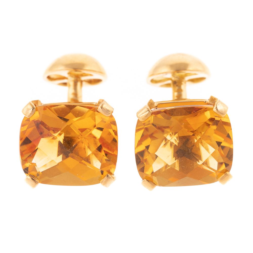 Appraisal: A Pair of Cushion Cut Citrine Cufflinks in K K