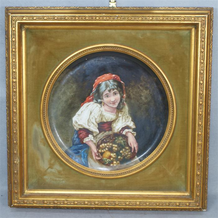 Appraisal: French earthenware plaque Young Girl with Basket of Fruit signed