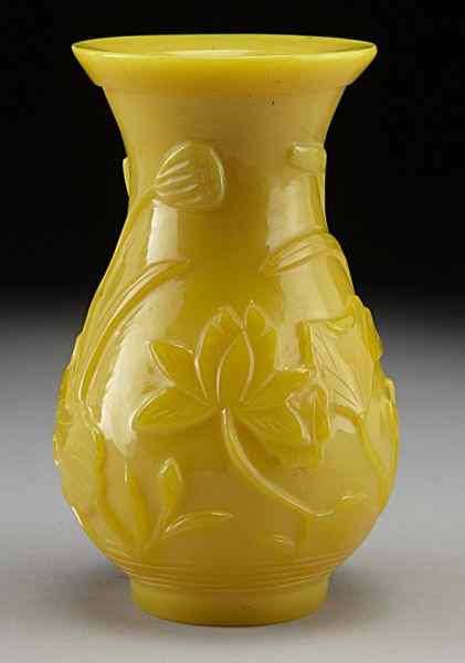 Appraisal: Chinese Qing Peking glass chicken fat coloredvase depicting lotus ''H