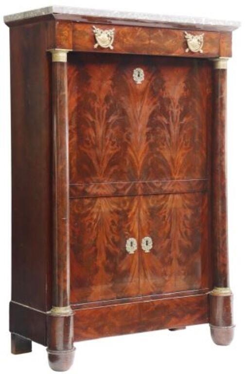 Appraisal: FRENCH EMPIRE STYLE MAHOGANY SECRETAIRE A ABATTANTFrench Empire style marble-top