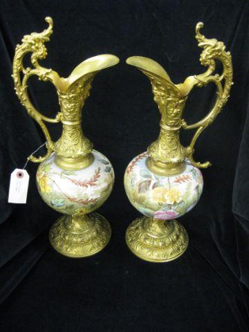 Appraisal: Pair of Victorian Bronze Tapestry Porcelain Urns figural handles faces