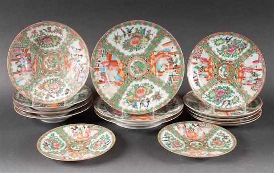 Appraisal: Fourteen Chinese Export Rose Medallion porcelain plates and soup bowls