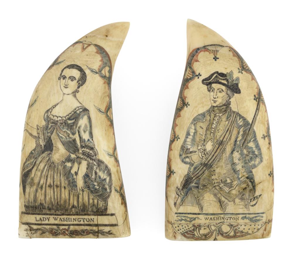 Appraisal: PAIR OF EXCEPTIONAL POLYCHROME SCRIMSHAW WHALE S TEETH WITH PORTRAITS